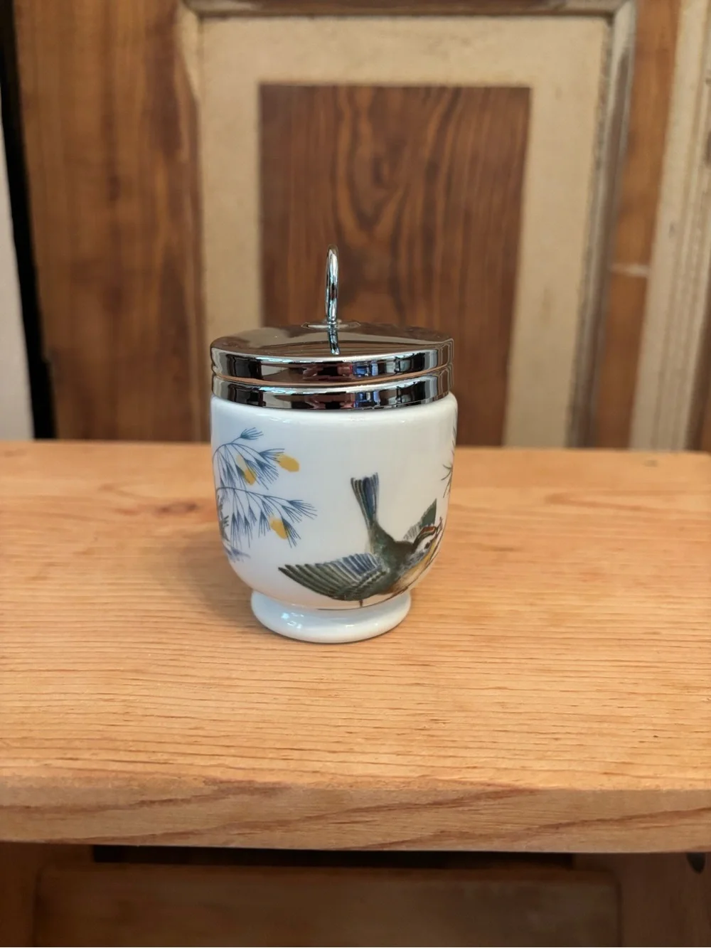 Royal Worcester Porcelain Egg Coddler Cup with Bird Illustration and Silver Lid